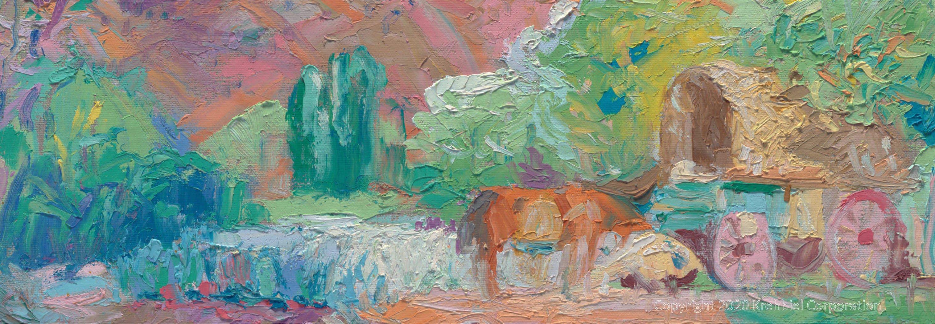 Close-up view of painting titled Stopping at the Creek for Water