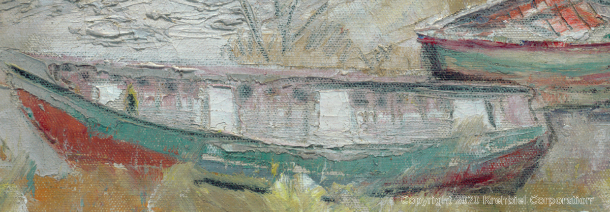 Close-up view of painting titled Rowboats Beached at Saugatuck Inlet