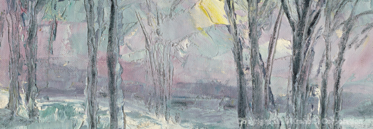 Close-up view of painting titled Early Winter Sunset Through the Trees
